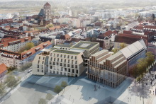 Blick auf die beiden Neubauten für die Rathausweiterung in Rostock: Haus C („Doppelgiebelhaus“, rechts) und Haus D (links daneben).