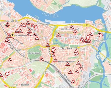 Ansicht Stadtplan mit eingezeichneten Baustellen