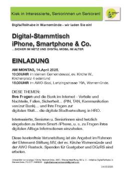Einladungsflyer „IPhone, Smartphone & Co.“ - Digital-Stammtisch für Seniorinnen und Senioren 