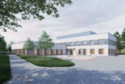 So soll der neue Hort „Warnowschipper“ aus Blickrichtung der Straße Stephan-Jantzen-Ring einmal aussehen. Visualisierung