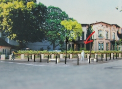 „Hier und Jetzt – Where the magic happened“, roter Pfeil an einer Säule