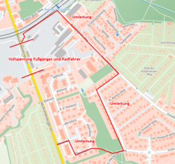 Umleitungsskizze für den Fußgänger- und Radverkehr, 2. Bauabschnitt, in der Neubrandenburger Straße