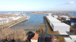Visualisierung des künftigen Werftbeckens in Warnemünde.