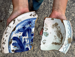 Fayence-Scherben Stralsunder und Stettiner Herkunft aus der Barockzeit. Dabei handelt es sich um glasierte Tonware. 