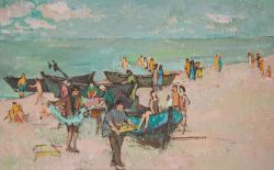 Arbeit und Erholung II (Am Fischerstrand), 1953/54, Öl, Tempera auf Karton, 20 x 32 cm, Aus der Sammlung der Kunsthalle Rostock